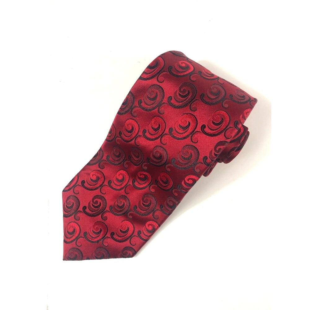Roberto Villini Couture Silk Necktie Designer Red with Black Swirls Sevenfold